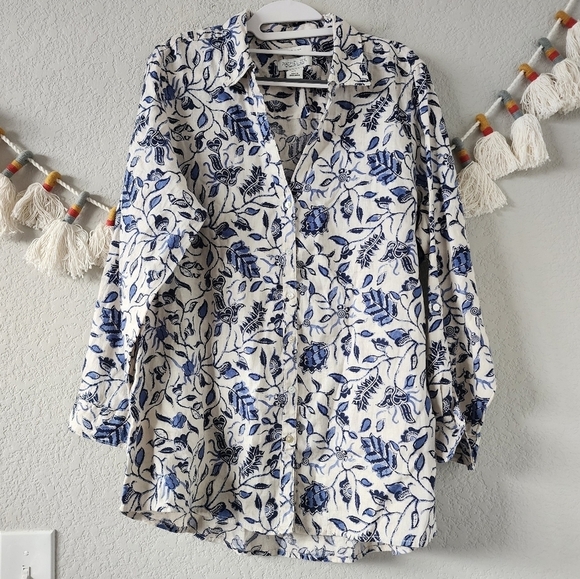 Rachel Zoe 100% Linen Button Up Paisley Floral Peasant Tunic Top Blue Lagenlook - Picture 1 of 12